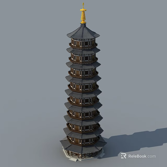 Traditional Multi Tiered Pagoda With Spire Roof And Square Windows Structure 3d model 