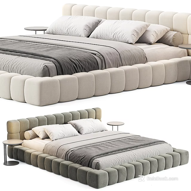 Modern Upholstered Double Bed Design With Soft Bedding And Side Tables 3d model 