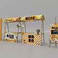 Vibrant Street Food Stall With Yellow White Striped Awning And Egg Burger Signage