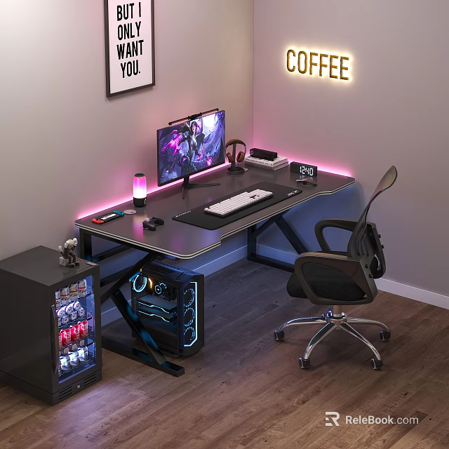 Gaming Desk Setup With Monitor Keyboard Mouse Headphones RGB Lights And Gaming Chair 3d model 