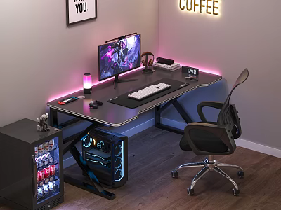 Gaming Desk Setup With Monitor Keyboard Mouse Headphones RGB Lights And Gaming Chair 3d model