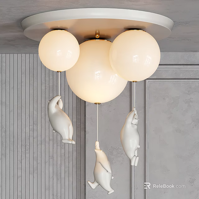 Modern Elegant Chandelier With White Globe Shades Hanging Seal Figures Against Gray Wall 3d model 