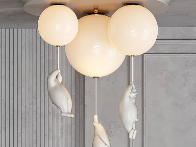 Modern Elegant Chandelier With White Globe Shades Hanging Seal Figures Against Gray Wall 3d model