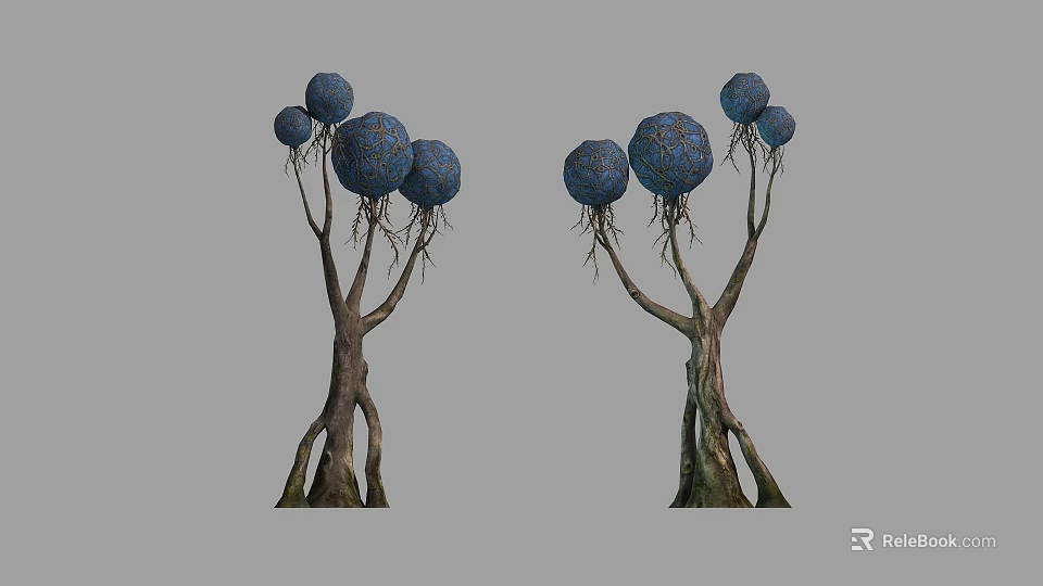 Unique Arbor Trees With Blue Spherical Balls Twisted Trunks And Exposed Roots 3d model