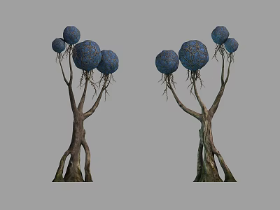 Unique Arbor Trees With Blue Spherical Balls Twisted Trunks And Exposed Roots 3d model