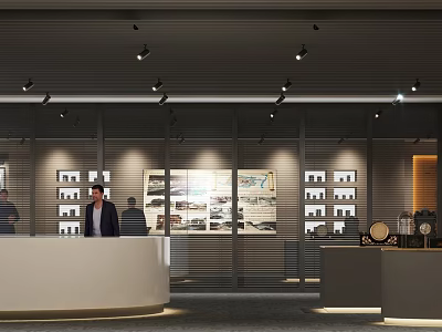 Modern Exhibition Hall Interior With White Reception Desk Display Shelves And Spotlights 3d model