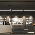 Modern Exhibition Hall Interior With White Reception Desk Display Shelves And Spotlights