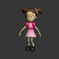 Cute Cartoon Girl Doll With Brown Pigtails Pink Dress Big Eyes And Black Shoes