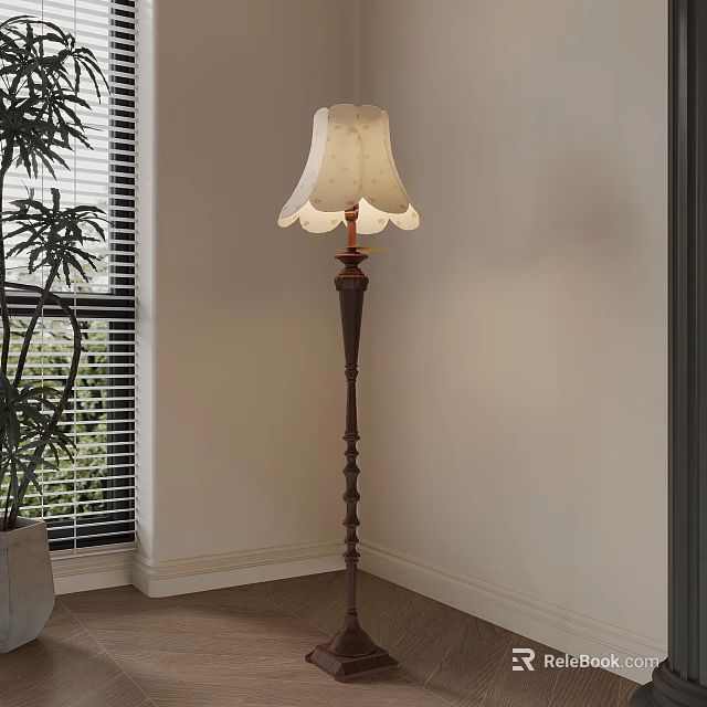 Indoor Room Corner With Floor Lamp Blinds And Potted Plant Decor 3d model 
