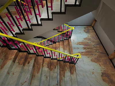 Modern Staircase Design With Yellow And Pink Railings On Wooden Floor 3d model