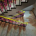Modern Staircase Design With Yellow And Pink Railings On Wooden Floor