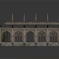 Gothic Stone Building Structure with Arched Doorways Spires and Ivy Decorative Details