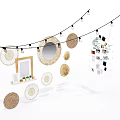 Bohemian Wall Decor With Circular Woven Mirrors Picture Frames And String Lights 3d model