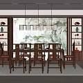 Traditional Chinese Restaurant Interior With Wooden Dining Chairs Hanging Lamps And Landscape Wall Art