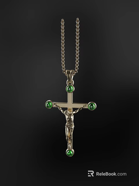 Elegant Gold Cross Pendant With Jesus Figure And Green Gemstones 3d model 
