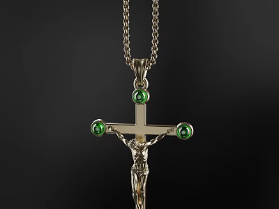 Elegant Gold Cross Pendant With Jesus Figure And Green Gemstones 3d model