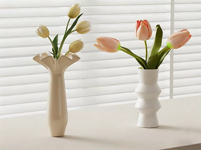 Beige And White Decorative Vases With Pink Yellow Tulips Against Window Blinds 3d model