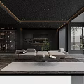 Black Living and Dining Room Interior With L Shaped Sofa Round Coffee Table Open Kitchen 3d model