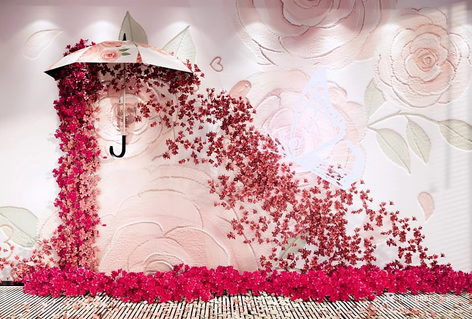 Romantic Photo Check in Spot With Red Flower Decor Umbrella and Rose Patterned Wall 3d model 