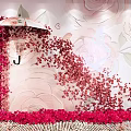 Romantic Photo Check in Spot With Red Flower Decor Umbrella and Rose Patterned Wall