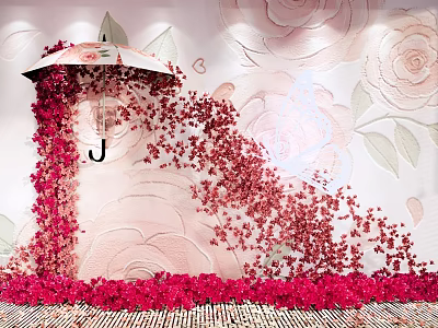 Romantic Photo Check in Spot With Red Flower Decor Umbrella and Rose Patterned Wall 3d model