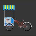 Red Bicycle with Blue and Yellow Striped Canopy and Blue White Cart