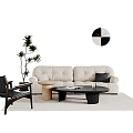 Cream Style Sofa Combination Coffee Table Single Chair Double Sofa Clock Potted Plant 3d model