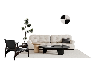 Cream Style Sofa Combination Coffee Table Single Chair Double Sofa Clock Potted Plant 3d model