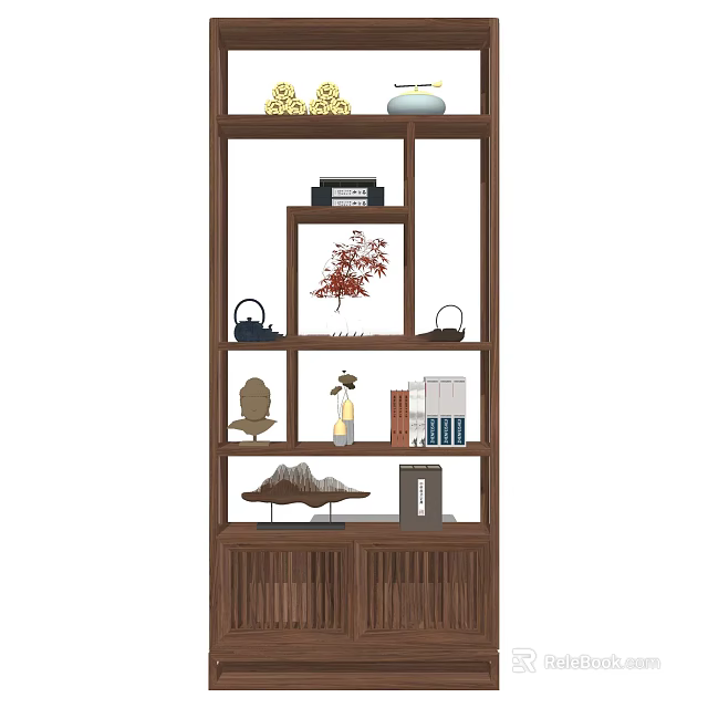 Traditional Chinese Wooden Display Shelf With Decorative Ornaments Maple Leaf Vase And Books 3d model 