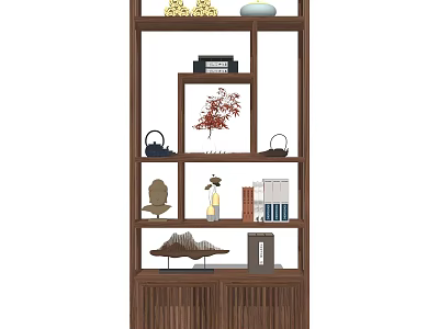 Traditional Chinese Wooden Display Shelf With Decorative Ornaments Maple Leaf Vase And Books 3d model