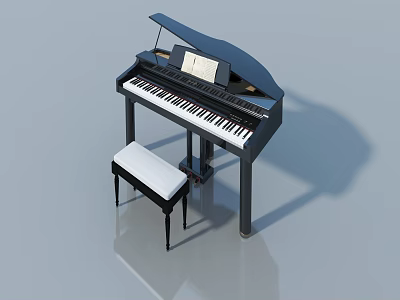 Black Piano With White Keys And White Bench In Light Gray Setting 3d model
