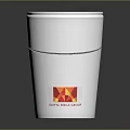 White Cup With Silver Rim Red Yellow Geometric Logo And WATERPLUS GROUP On Dark Background