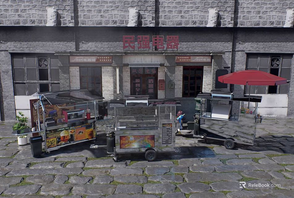 Public Food Carts in Front of Old Style Building With Red Umbrella and Cobblestone Pavement 3d model 