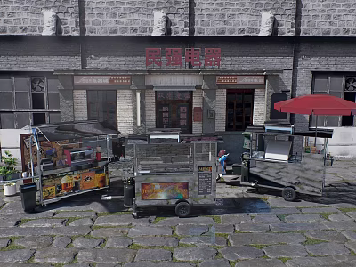 Public Food Carts in Front of Old Style Building With Red Umbrella and Cobblestone Pavement 3d model