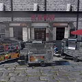 Public Food Carts in Front of Old Style Building With Red Umbrella and Cobblestone Pavement