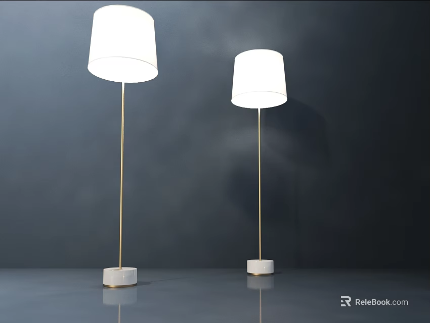 Modern Floor Lamps With White Shades Golden Poles And Square Marble Bases 3d model 