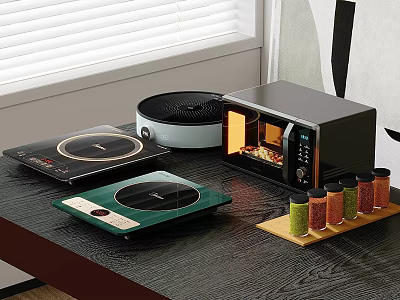 Modern Kitchen Countertop With Induction Cooktops Microwave Oven And Spice Jars 3d model