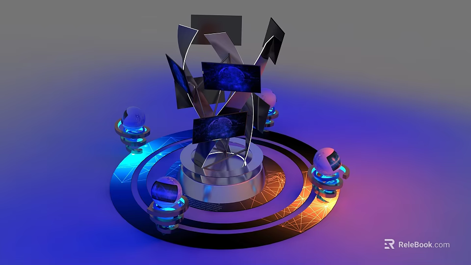 Modern Public Facility With Geometric Structure Silver Base And Illuminated Circular Platform 3d model