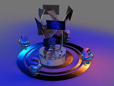 Modern Public Facility With Geometric Structure Silver Base And Illuminated Circular Platform 3d model