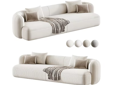 Modern Three Seater Sofa With Cream Upholstery Cushions And Striped Blanket 3d model