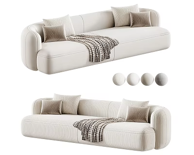 Modern Three Seater Sofa With Cream Upholstery Cushions And Striped Blanket 3d model