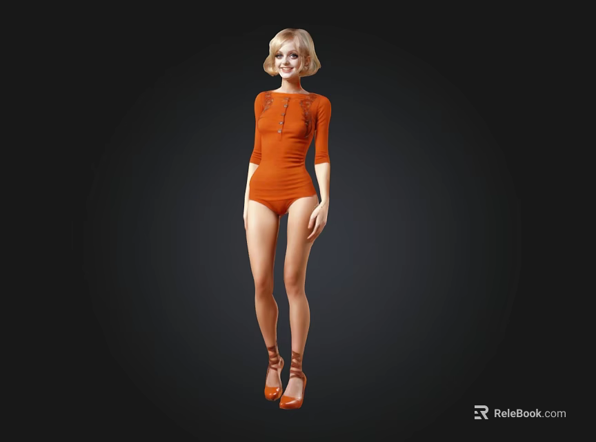 3D Rendered Female Model In Orange Bodysuit And High Heels On Black Background 3d model 
