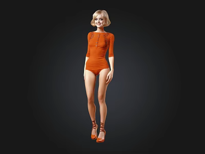 3D Rendered Female Model In Orange Bodysuit And High Heels On Black Background 3d model