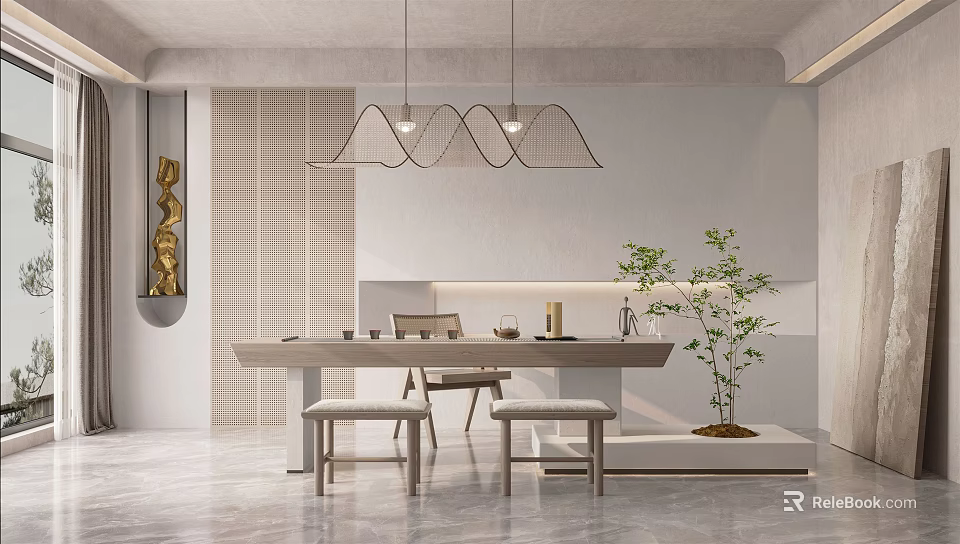 Modern Tea Room Interior Design With Pendant Lights Wooden Table And Green Plant 3d model 