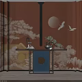 Oriental Console Table with Pine Crane Moon Pattern on Orange Backdrop and Bonsai Lantern Decor 3d model