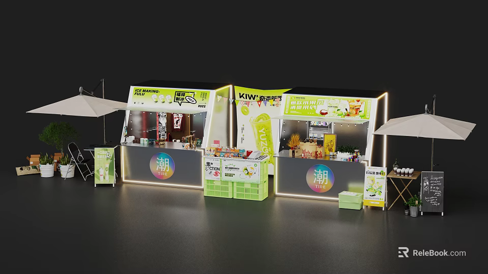 Trendy Milk Tea Stall Photo Check In Spot With Green Yellow Neon Lights Sun Umbrellas 3d model 
