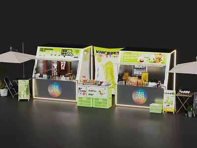 Trendy Milk Tea Stall Photo Check In Spot With Green Yellow Neon Lights Sun Umbrellas 3d model