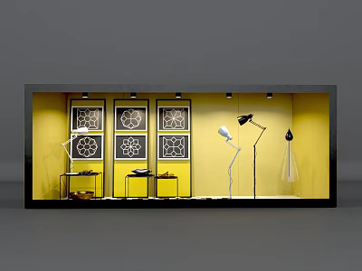 Stylish Window Display with Yellow Background Patterned Artworks Floor Lamps and Small Tables 3d model