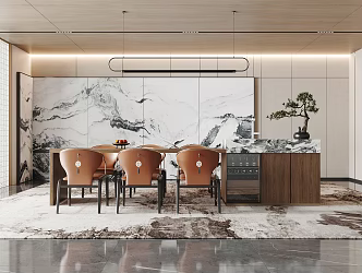 New Chinese Restaurant Island Table Dining Table and Chair Combination Island Table Dining Chair Background Wall 3d model