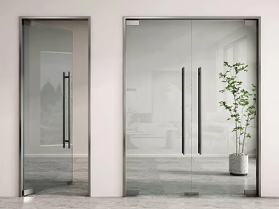 Modern Double Glass Doors With Metal Frames And Green Potted Plant 3d model
